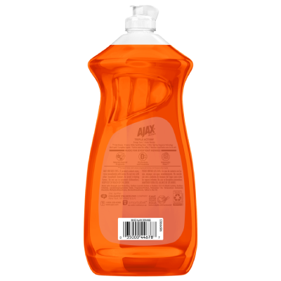 Back label of Ajax Ultra Triple Action Orange Scent. It lists three key features: Cuts Grease, Leaves Dishes Sparkling Clean, and Odor Fighting Fragrance Technology. Includes icons for "0% Parabens and Phosphates" and "Responsibly Made." Safety instructions and ingredients are provided in English and Spanish. Features a "Save Water" graphic, a How2Recycle plastic bottle icon, and a barcode ending in 44678