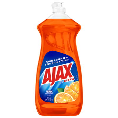 Front view of a 28 fl oz bottle of Ajax Ultra Triple Action Dish Liquid in a bright orange color. The blue label features the Ajax Ultra logo and "Orange Scent" text. An illustration of three orange slices is positioned at the bottom right. The label specifies "Triple Action" and the volume as 28 FL OZ (1.75 PT) 828 mL.
