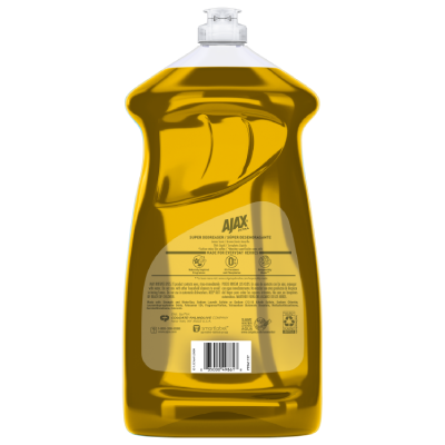 Back label of Ajax Ultra Super Degreaser Lemon Scent. The header includes the product name in both English and Spanish (Súper Desengrasante). Icons indicate "Naturally Inspired Fragrances," "0% Parabens and Phosphates," and "Responsibly Made." Safety warnings advise against use in automatic dishwashers and list first aid for eye contact. Includes the Colgate-Palmolive contact information, "Save Water" logo, and a barcode ending in 49861.