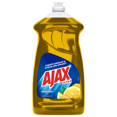 Front view of a 52 fl oz bottle of Ajax Ultra Super Degreaser Dish Liquid in a bright yellow color. The blue label prominently features the Ajax Ultra logo and the words "Super Degreaser." At the bottom right, there is an illustration of two fresh yellow lemon slices. The label confirms the volume as 52 FL OZ (1.62 QT) 1.53 L.