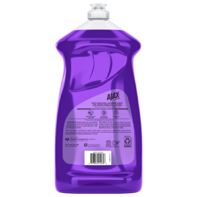 Back label of Ajax Ultra with Fabuloso Lavender Scent. The label includes icons for "Naturally Inspired Fragrances," "0% Parabens and Phthalates," and "Responsibly Made." Detailed text provides safety warnings in English and Spanish regarding eye irritation and keeping out of reach of children. It lists ingredients including Sodium Laureth Sulfate and Methylisothiazolinone. Features a "Save Water" logo, a How2Recycle plastic bottle icon, and a barcode ending in 01269.