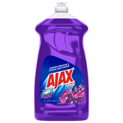 Front view of a 52 fl oz bottle of Ajax Ultra Dish Liquid in a deep purple color. The label features the Ajax Ultra logo and the Fabuloso "Lavender Scent" logo. The bottom right of the label is decorated with an illustration of purple lavender flowers and blooms. Text at the bottom indicates the volume as 52 FL OZ (1.62 QT) 1.53 L.