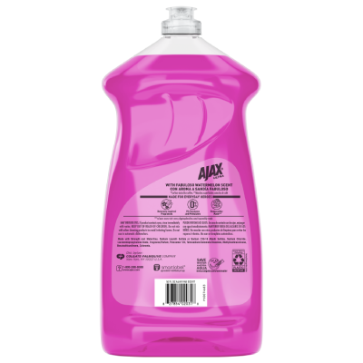 Back label of Ajax Ultra Watermelon Scent Dish Liquid. The text highlights 0% parabens and phthalates, and "Responsibly Made." It includes a full list of ingredients, safety warnings to keep out of reach of children and avoid eye contact, and instructions to not use in automatic dishwashers. The bottom features the Colgate-Palmolive distributor info, a recycle symbol for the plastic bottle, and a barcode.