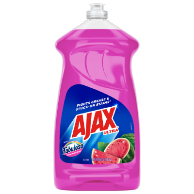 Front view of a 52 fl oz bottle of Ajax Ultra Dish Liquid in a vibrant pink color. The blue label features the Ajax Ultra logo in bold red and white text, stating "Fights Grease & Stuck-on Stains." The bottom left includes the Fabuloso logo with "Watermelon Scent" and an illustration of sliced watermelons.