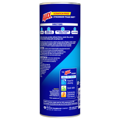 Back of the Ajax Lemon Powder Cleanser canister showing a 4-step "Directions" infographic: 1. Wet Surface, 2. Sprinkle Ajax Freely, 3. Rub Lightly to Make a Paste, 4. Clean and Rinse. The "Ajax Promise" section highlights Powerful Cleaning, Great Value, and Satisfaction Guaranteed. Detailed safety warnings in English and Spanish caution against mixing with ammonia and provide first aid instructions. The net weight is listed as 21 oz (1.31 lb) 595 g.