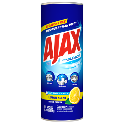 Front of a 21 oz Ajax Powder Cleanser canister with Bleach in a blue and yellow design. The label features the Ajax logo and "Lemon Scent." Three icons illustrate its uses: a frying pan for "Kitchen," a toilet and sink for "Bathroom," and a grill for "Outdoor." Text at the bottom includes "Scratch Free," "Stronger Than Dirt," and "Easy Rinse Formula," with a caution statement regarding eye irritation.