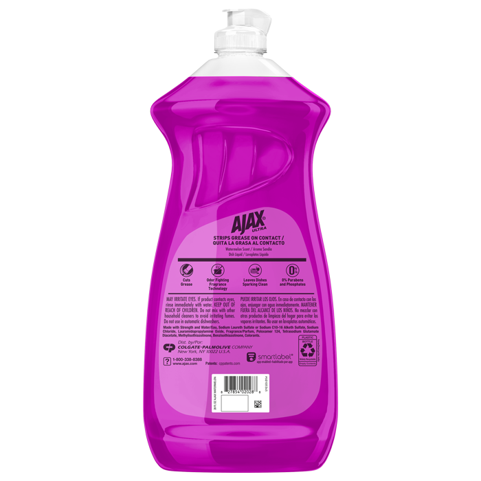 Back label of Ajax Ultra Watermelon Scent Dish Soap bottle showing product features, safety warnings, ingredients, usage instructions, and barcode.