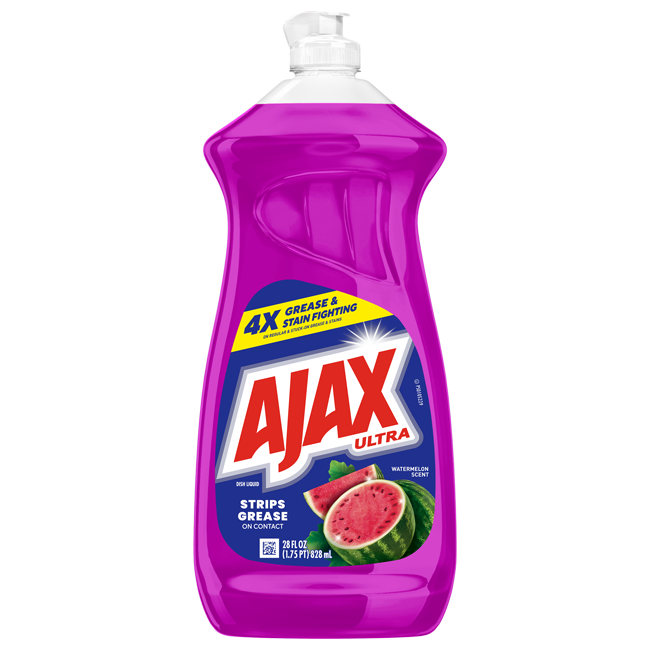 Front view of a 52 fl oz bottle of Ajax Ultra Dish Liquid in a vibrant pink color. The blue label features the Ajax Ultra logo in bold red and white text, stating "Fights Grease & Stuck-on Stains." The bottom left includes the Fabuloso logo with "Watermelon Scent" and an illustration of sliced watermelons.