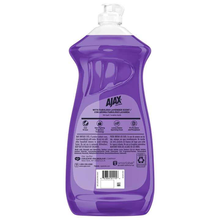 Back label of Ajax Ultra dish soap bottle with Fabuloso Lavender Scent showing product features, safety warnings, ingredients, usage instructions, and barcode.
