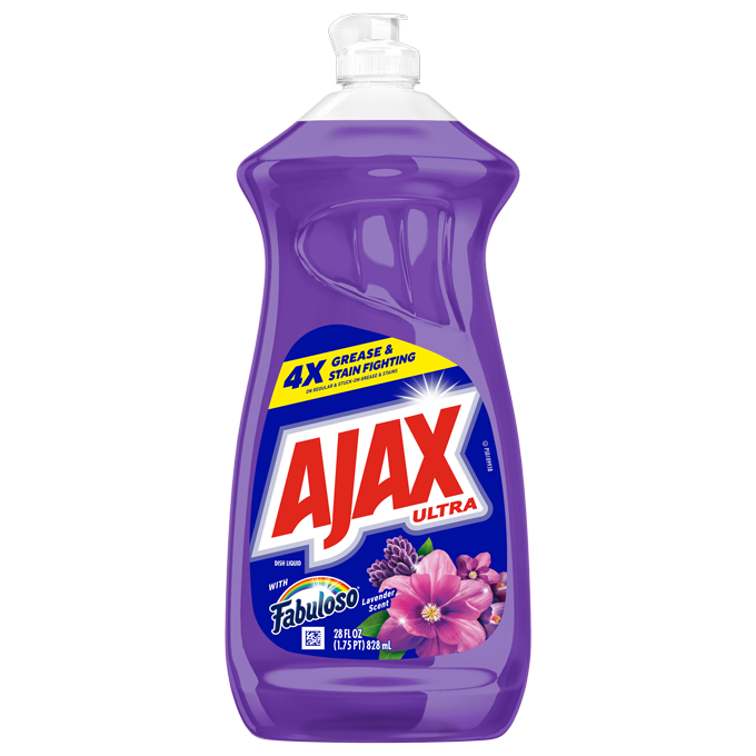 Front of Ajax Ultra dish soap bottle with Fabuloso Lavender Scent in purple liquid, featuring "4X Grease & Stain Fighting" banner, Ajax logo, Fabuloso branding, and purple flowers.