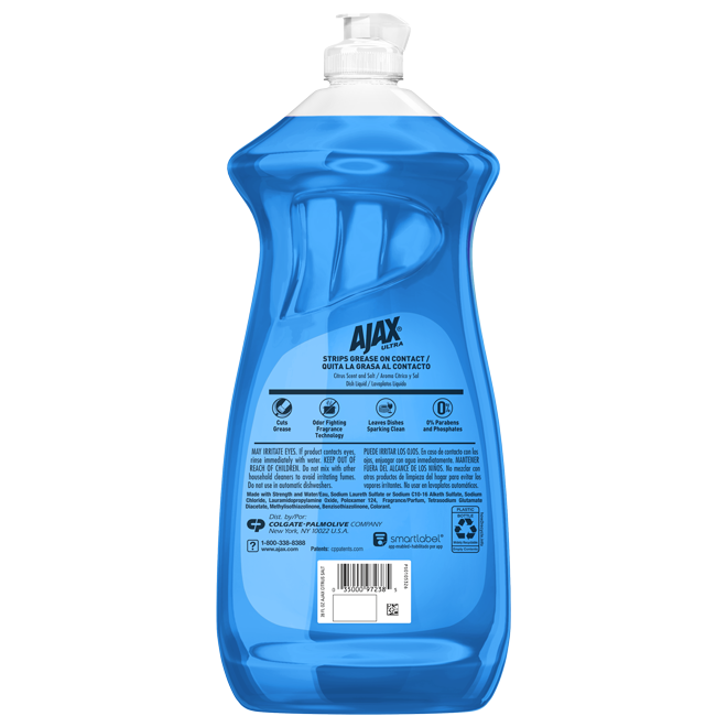 Back label of Ajax Ultra Citrus Scent & Salt Dish Soap bottle showing product features, safety warnings, ingredients, usage instructions, and barcode.