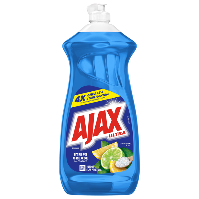 Front of Ajax Ultra Citrus Scent & Salt Dish Soap 28 fl oz bottle in blue liquid, featuring "4X Grease & Stain Fighting" banner, Ajax logo, lemon and lime slices, and sea salt.